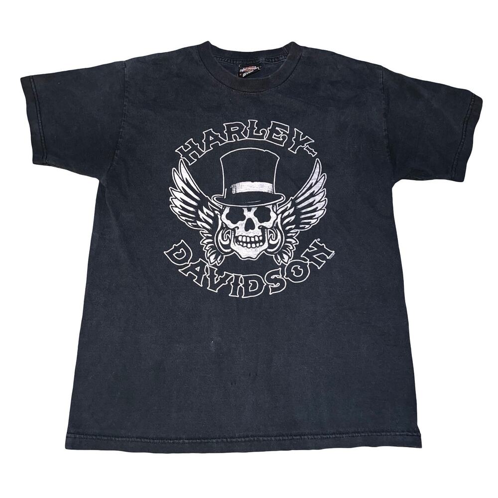 Harley Davidson Motorcycles Skull Top Hat Wings Biker Joplin Missouri Shirt Y2K